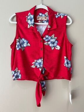 Caribbean Joe Ladies Red Floral Sleeveless Front Tie Button Crop Blouse Size L